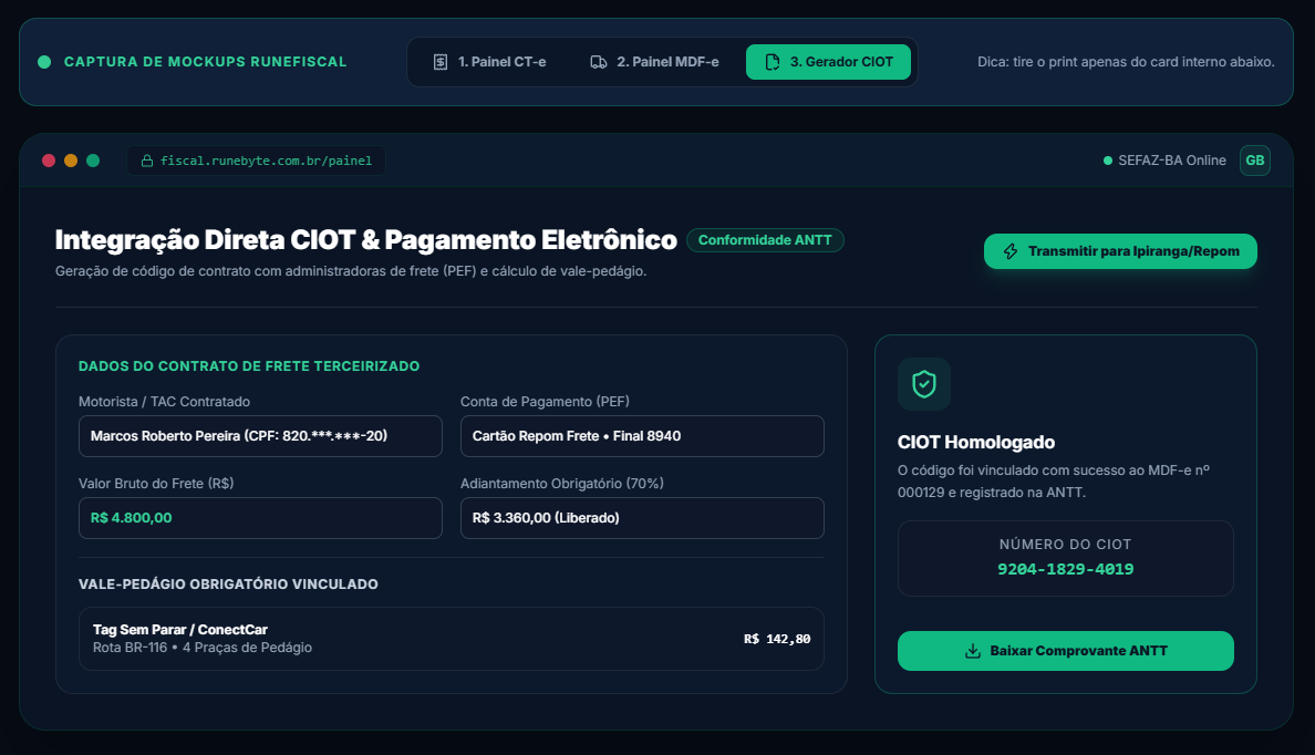 Painel Gerador de CIOT Modo Escuro